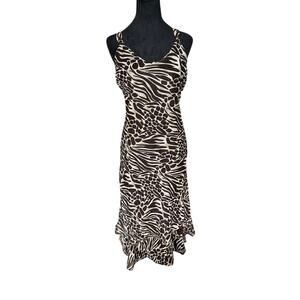 Y2K Animal Print Midi Dress Size 2X Brown Cream Ruffle Hem Georgette Plus Size